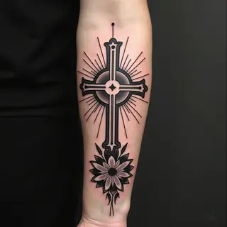 Forearm Cross and Floral Tattoo Design