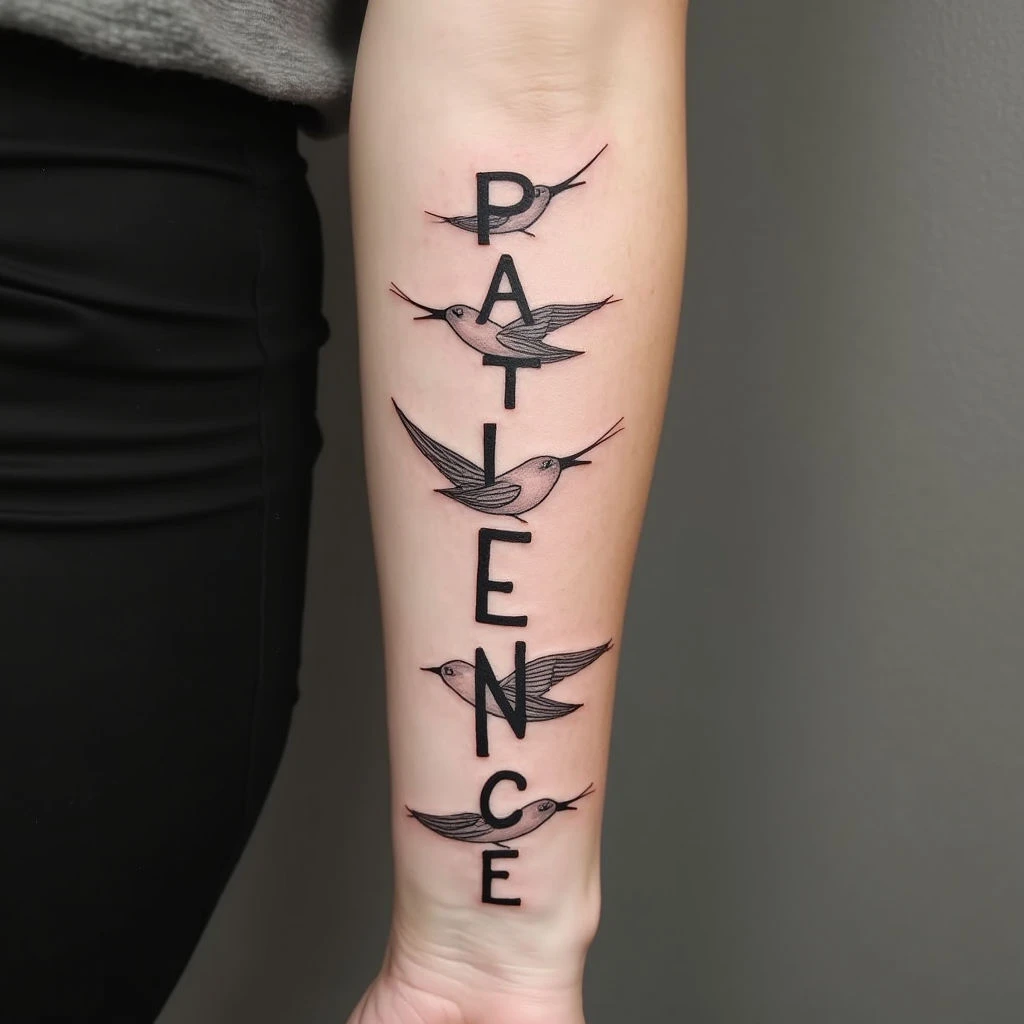 Illustrative Forearm Tattoo with Script and Birds