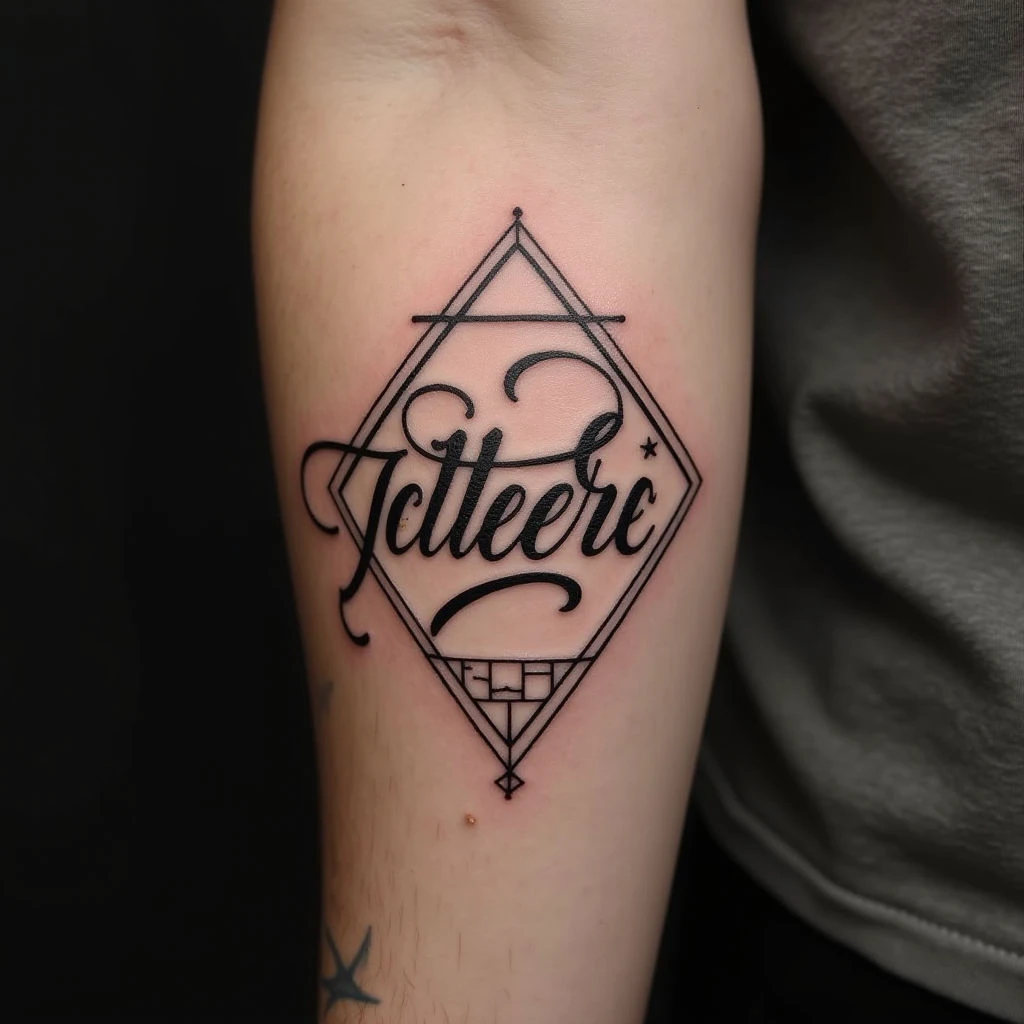 Forearm Script and Geometric Tattoo Design Inspiration