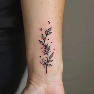 Delicate Floral and Lunar Finger Tattoo Design