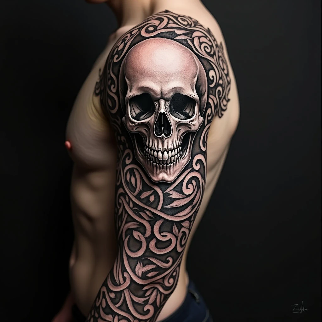 Ornate Skull Sleeve Tattoo Design Inspiration