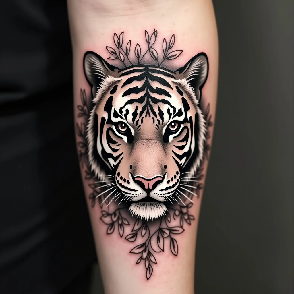 Majestic Tiger and Floral Fusion Tattoo