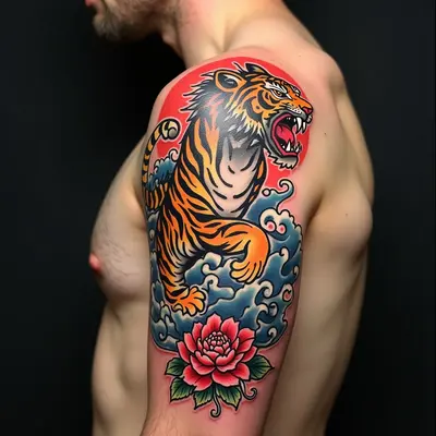 Traditional Japanese Tiger Flash Tattoo Design