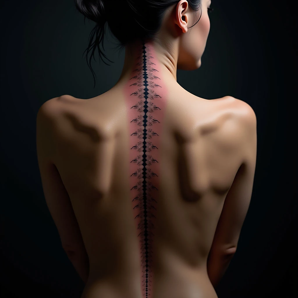 Classic Dotwork Spine Tattoos: Old School Style in Black, Red & Blue