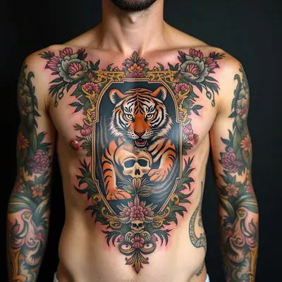 Intricate Traditional Chest Tattoo: Tiger, Skull, and Floral Design