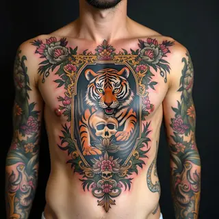 Intricate Traditional Chest Tattoo: Tiger, Skull, and Floral Design