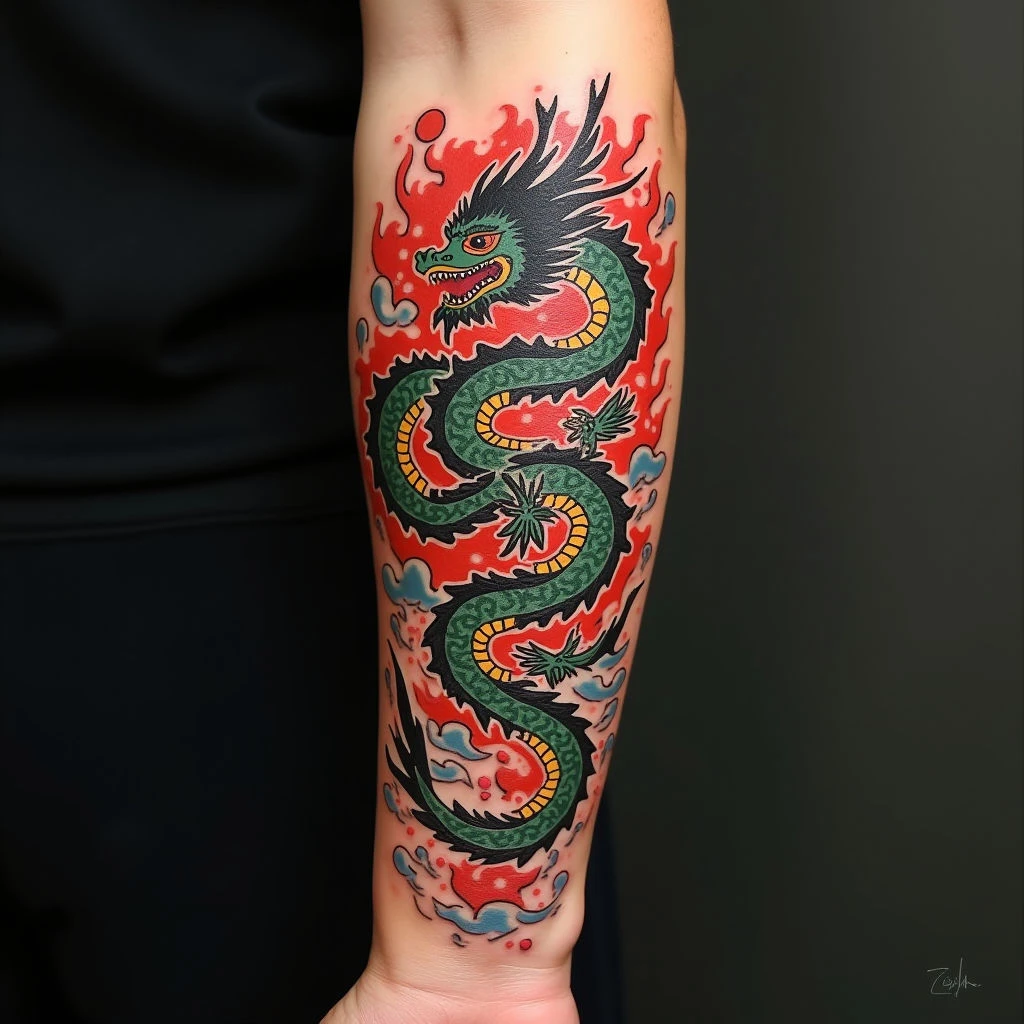 Traditional Dragon and Bird Tattoo on Forearm