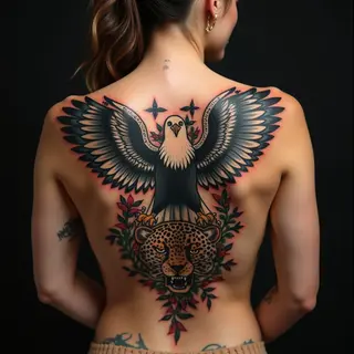 Traditional Eagle and Leopard Back Tattoo