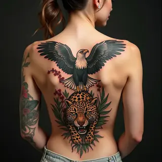 Majestic Eagle and Leopard Back Tattoo in Traditional Style