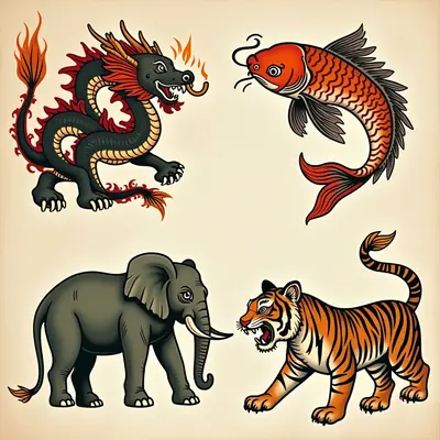 Vintage Flash Tattoo Sheet: Dragons, Koi, Elephant & Tiger
