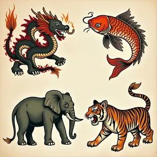 Vintage Flash Tattoo Sheet: Dragons, Koi, Elephant & Tiger