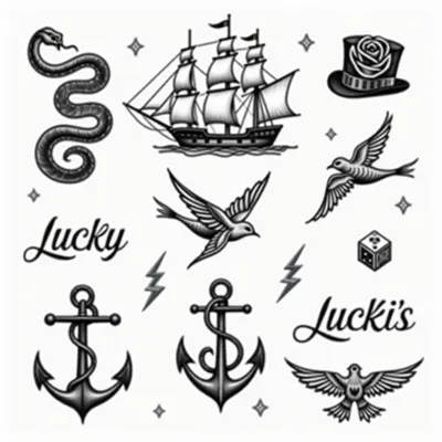 Classic Flash Tattoo Sheet: Symbols of Fortune and Adventure
