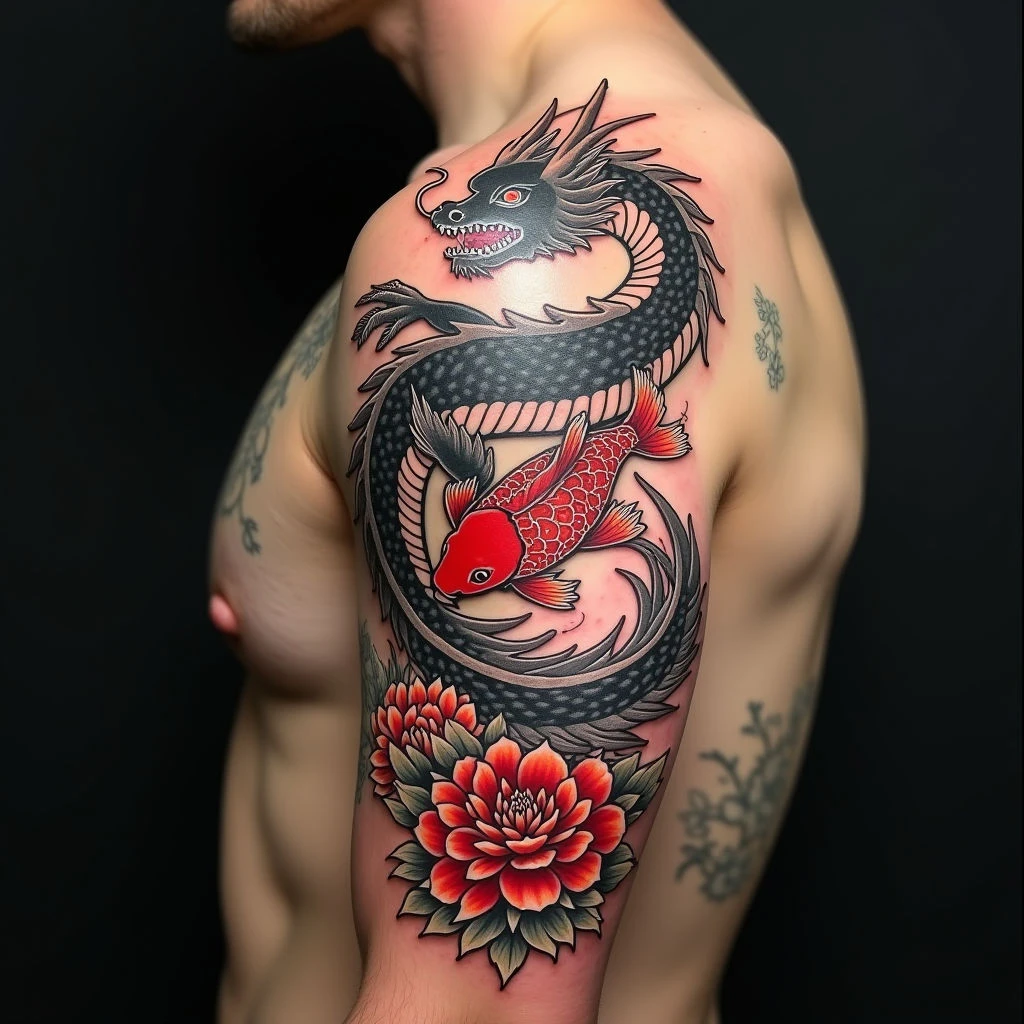 Majestic Dragon and Koi in Traditional Japanese Style