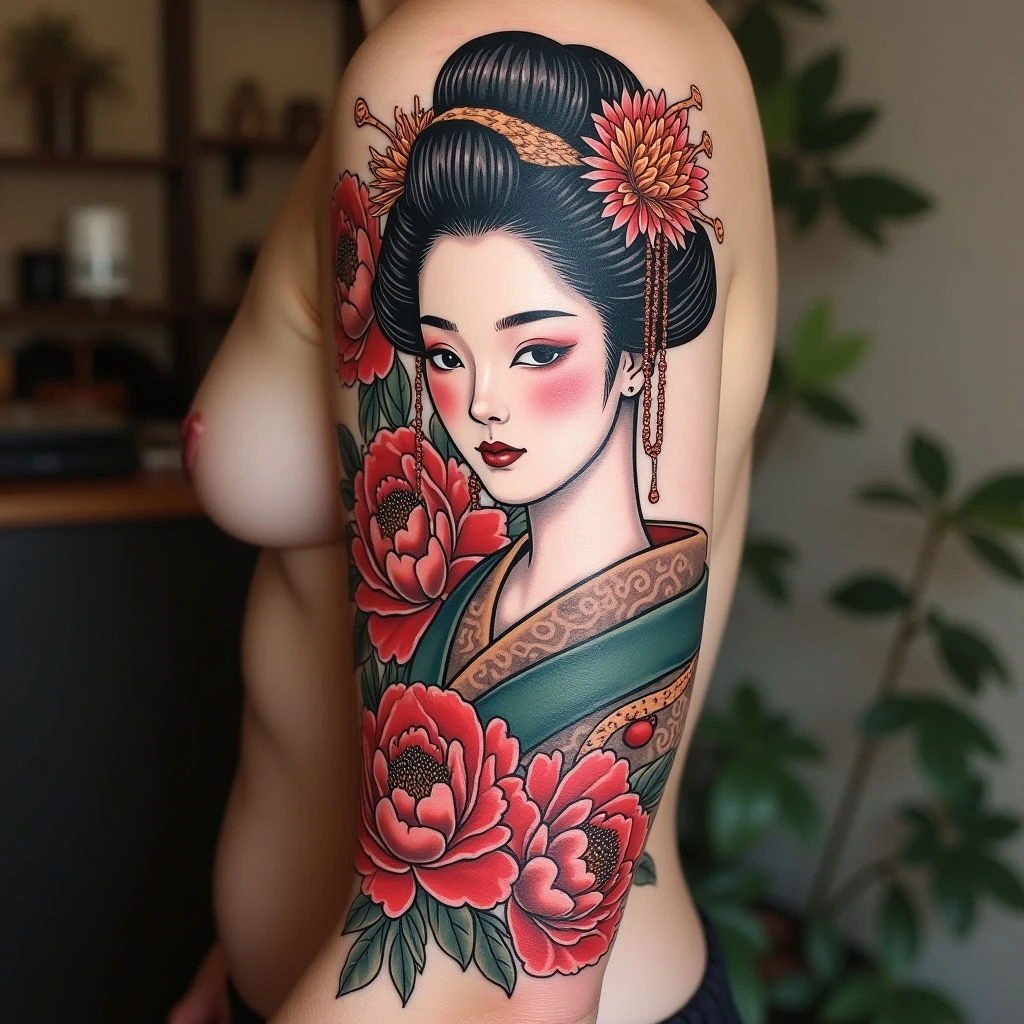 Elegant Geisha with Peonies: A Traditional Japanese Tattoo