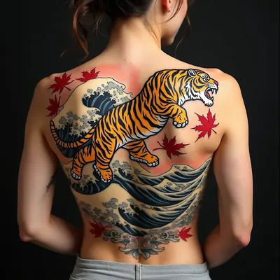 Dynamic Traditional Japanese Tiger Back Tattoo Design