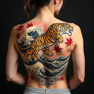 Dynamic Traditional Japanese Tiger Back Tattoo Design