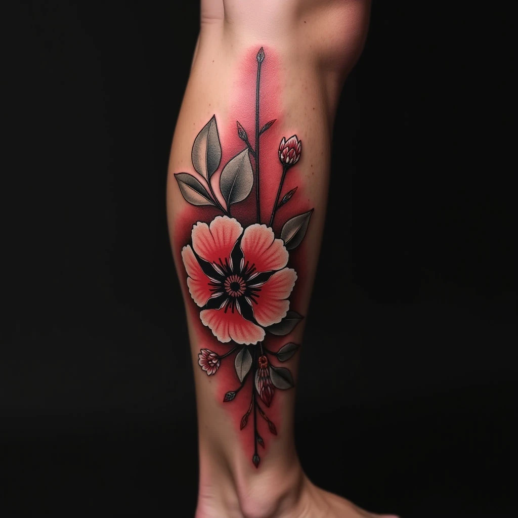 Simple Traditional Leg Tattoos in Brown & Red