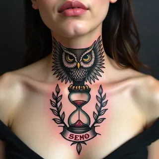 Intriguing Owl and Hourglass Neck Tattoo Design