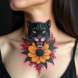 Neo-Traditional Panther and Floral Neck Tattoo