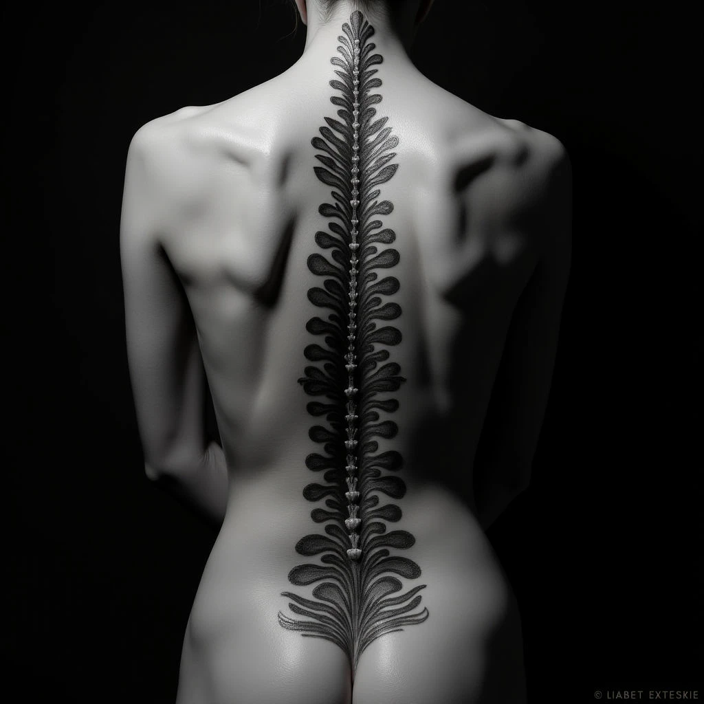 Elegant Violet Oriental Spine Tattoo Design