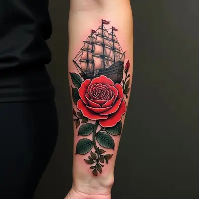 Traditional Rose and Ship Tattoo on Forearm