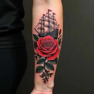 Traditional Rose and Ship Tattoo on Forearm