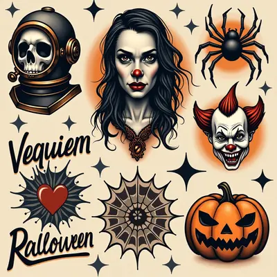 Vintage Halloween Flash Tattoo Designs