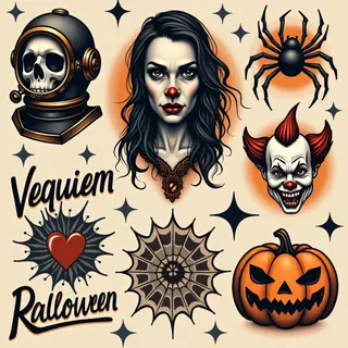 Vintage Halloween Flash Tattoo Designs
