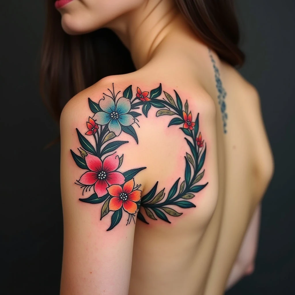 Traditional Floral Wreath Tattoo Design