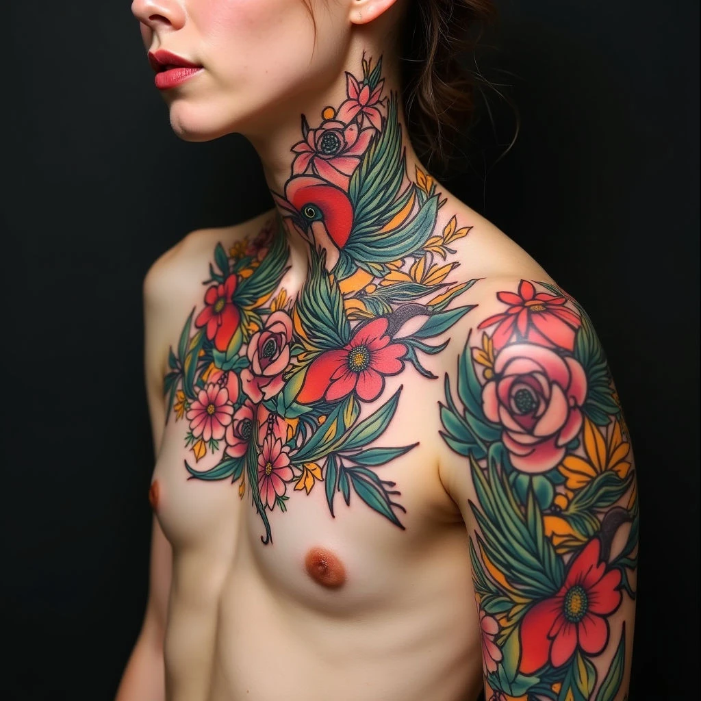 Vibrant Traditional Bird Tattoo Sleeve