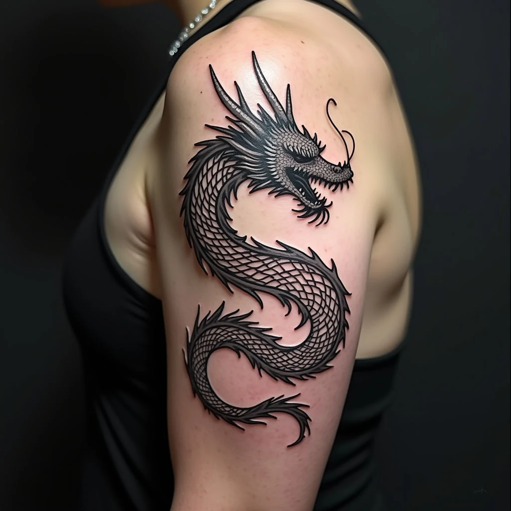 Dynamic Tribal Dragon Tattoo on Upper Arm