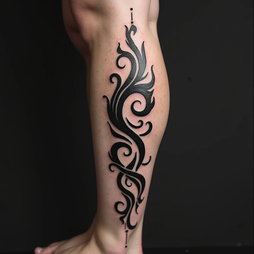 Dynamic Tribal Calf Tattoo Design