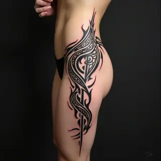 Dynamic Tribal Tattoo on Thigh: A Fusion of Strength and Tradition