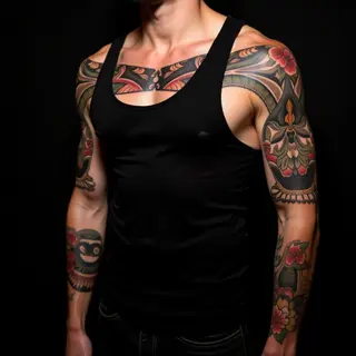 Trash Polka Tribal Stomach Tattoo Designs for Guys