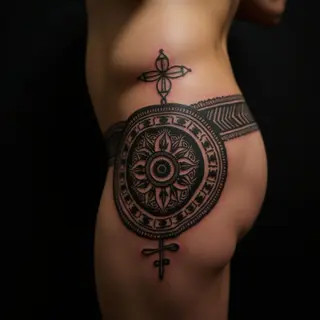 Viking Mandala Hip Tattoos for Guys | Brown Ink Design