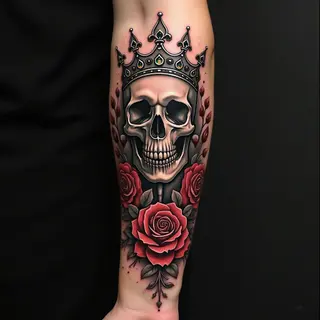 Detailed Skull and Crown Sleeve Tattoo Design