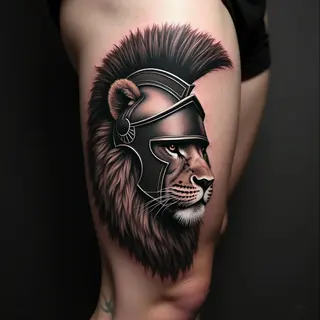 Spartan Warrior and Lion Leg Tattoo Design