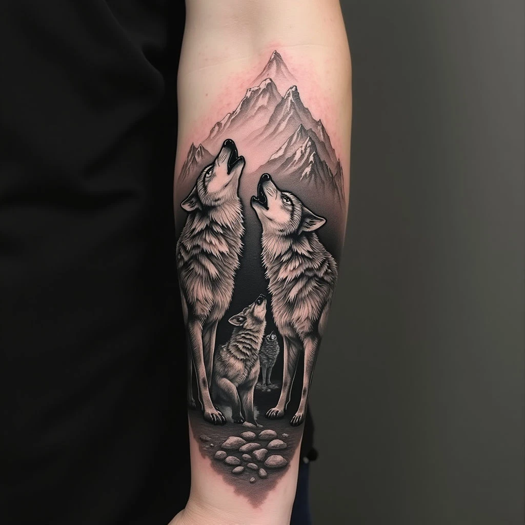 Majestic Wolf Pack Tattoo: A Study in Black and Grey Realism